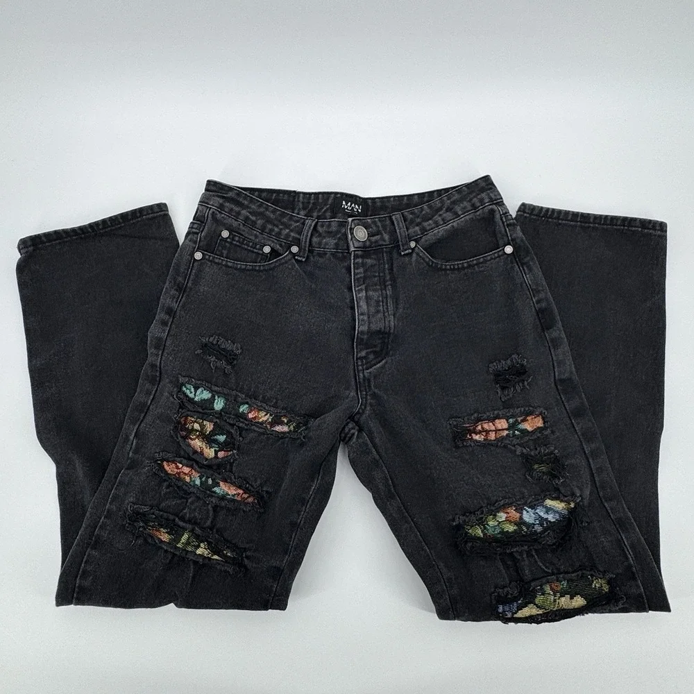 boohooMAN Men's 30 Black Distressed Ripped Jeans Colorful Patchwork Y2K Grunge